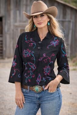 Choices Jacket Large Black Pink Floral Embroidered Rodeo Boho Cowgirl Western